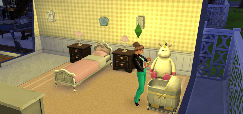 Capture d’écran du jeu Sims 4 avec une femme qui porter un bébé