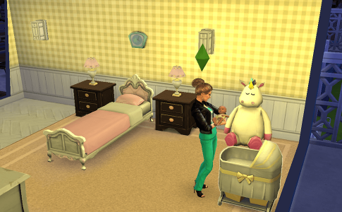 Capture d’écran du jeu Sims 4 avec une femme qui porter un bébé