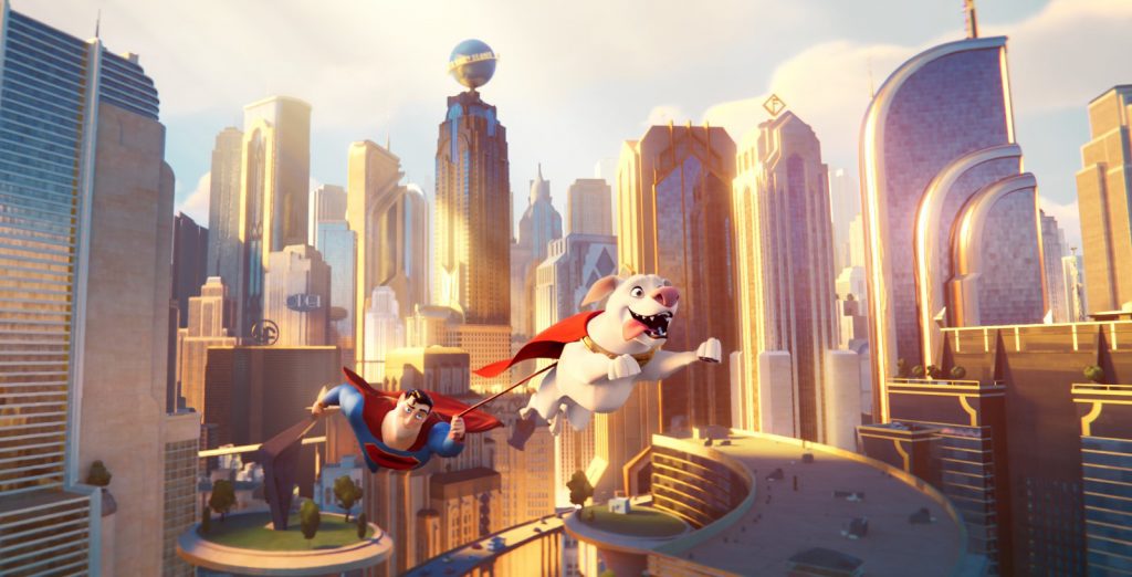 Une affiche avec Krypto et superman, les 2 personnages principaux du dessin animé Krypto et les Super-Animaux