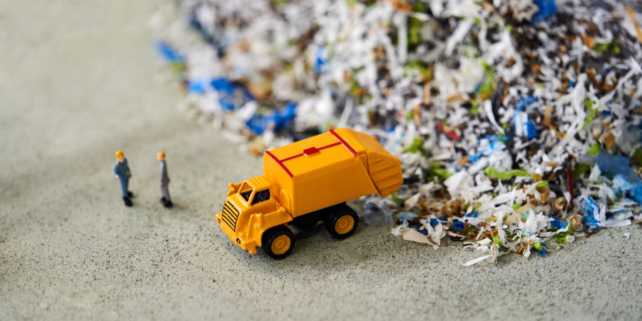 L’image représentative d’une décharge de déchets plastiques avec un mini camion poubelle et des personnages discutant recyclage jouets.