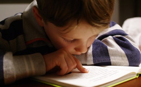 Un jeune garçon en train de lire un livre bilingue