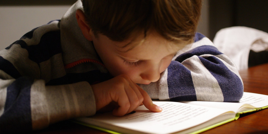 Un jeune garçon en train de lire un livre bilingue