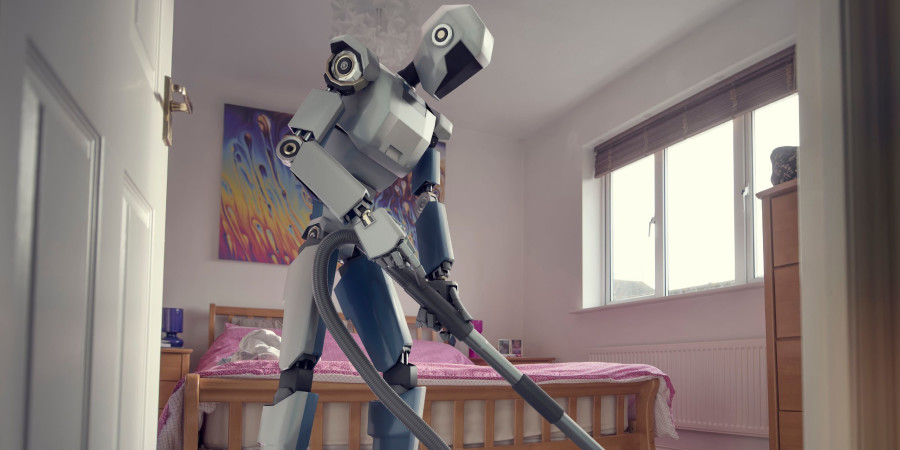 L’image d’un de ces robots ménagers en train de passer l’aspirateur dans une chambre