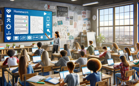 Une représentation virtuelle d’une salle de classe, illustrant l’usage de l’IA générative pour noter les élèves.