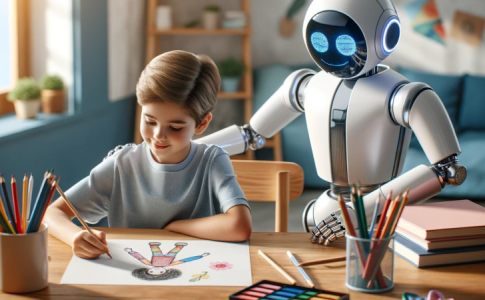 Un jeune garçon en train de dessiner avec un robot, illustrant l’usage IA par les enfants.