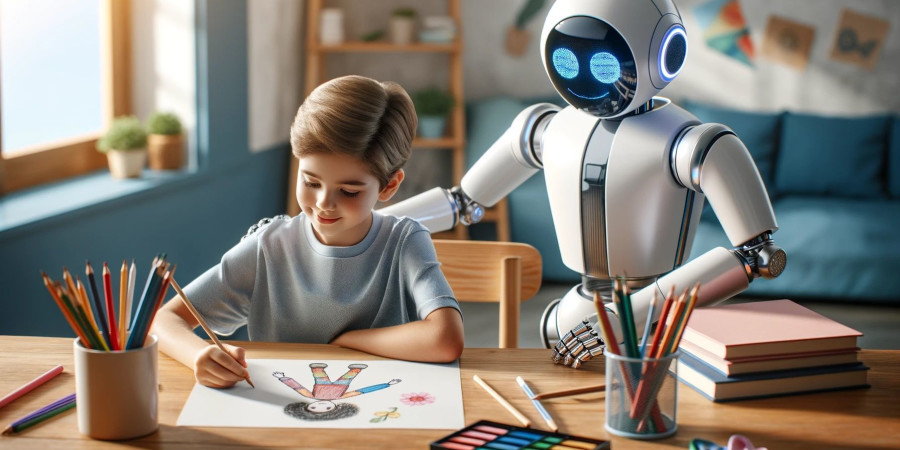 Un jeune garçon en train de dessiner avec un robot, illustrant l’usage IA par les enfants.