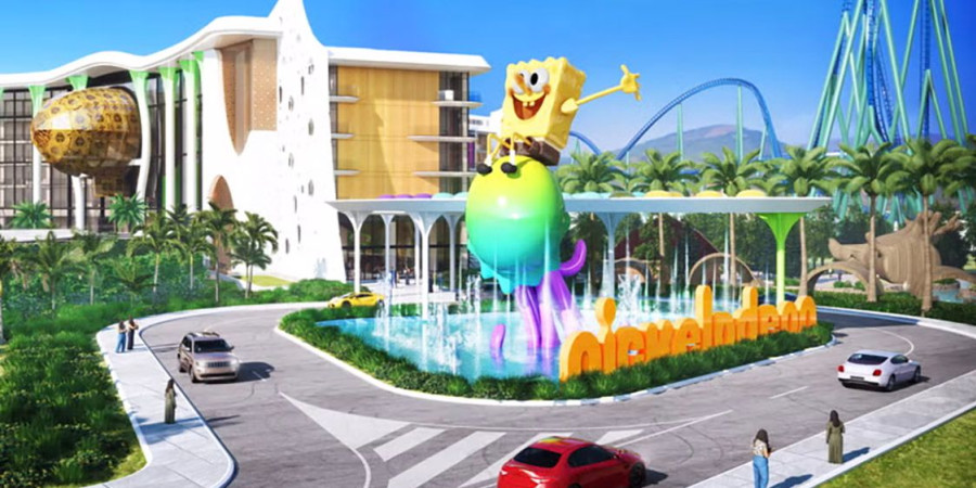 Une ébauche du parc d'attractions Nickelodeon à Antalya, Turquie, avec des manèges Bob l'éponge.