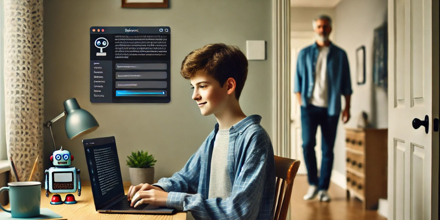 Un jeune adolescent dans sa chambre, en train d’utiliser un chatbot sur son PC, avec son père qui s’en vient au loin.