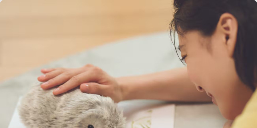 Une femme en train de caresser Moflin, la peluche intelligente en forme de cochon d’Inde.