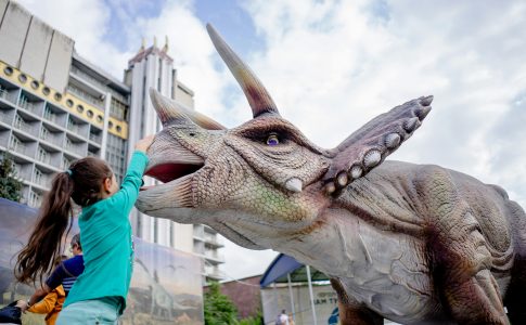 Une fillette en train de toucher une sculpture de dinosaure dans un des meilleurs musées pour enfants en France.