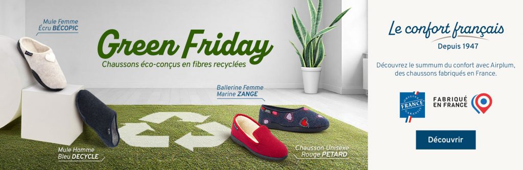 Visuel Green Friday Airplum avec 4 modeles de chausson eco responsable