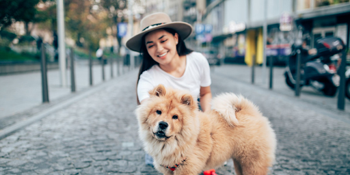 Une jeune femme en train de promener son chien dans la rue.