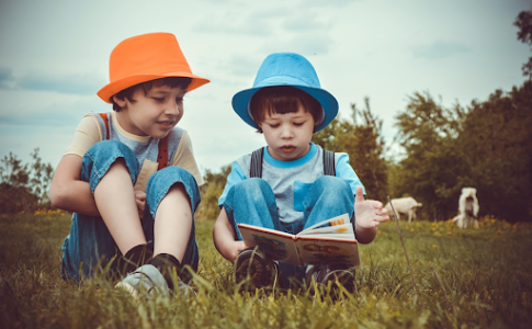 Deux jeunes garçons en train de lire un livre dans une prairie, assis à même l’herbe.