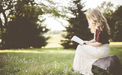 Une petite fille blonde, assise sur un rocher dans un jardin, en train de lire un livre.