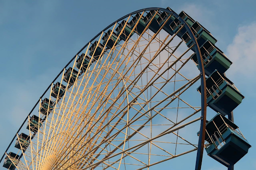 Une grande roue sous un ciel bleu.