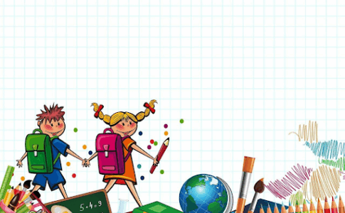 Une illustration de deux enfants marchant sur un sol jonché de fournitures scolaires.