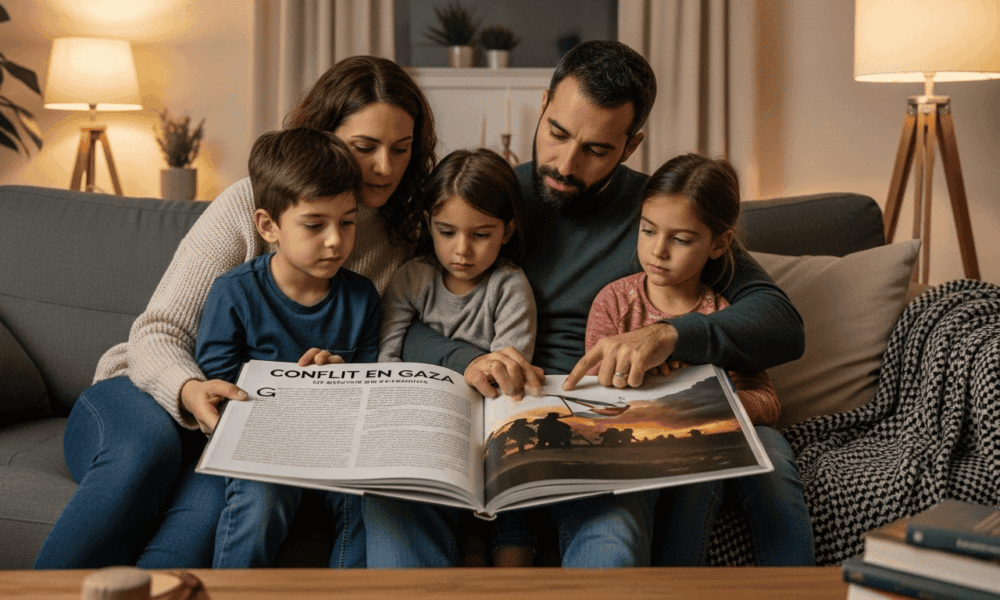 Des parents et leurs enfants qui lisent un livre sur la situation à Gaza