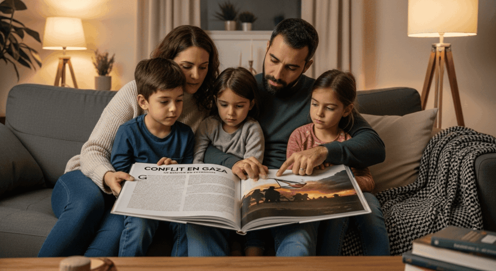 Des parents et leurs enfants qui lisent un livre sur la situation à Gaza