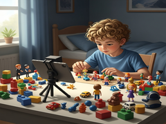 Enfant créant un film stop motion avec des figurines et une tablette
