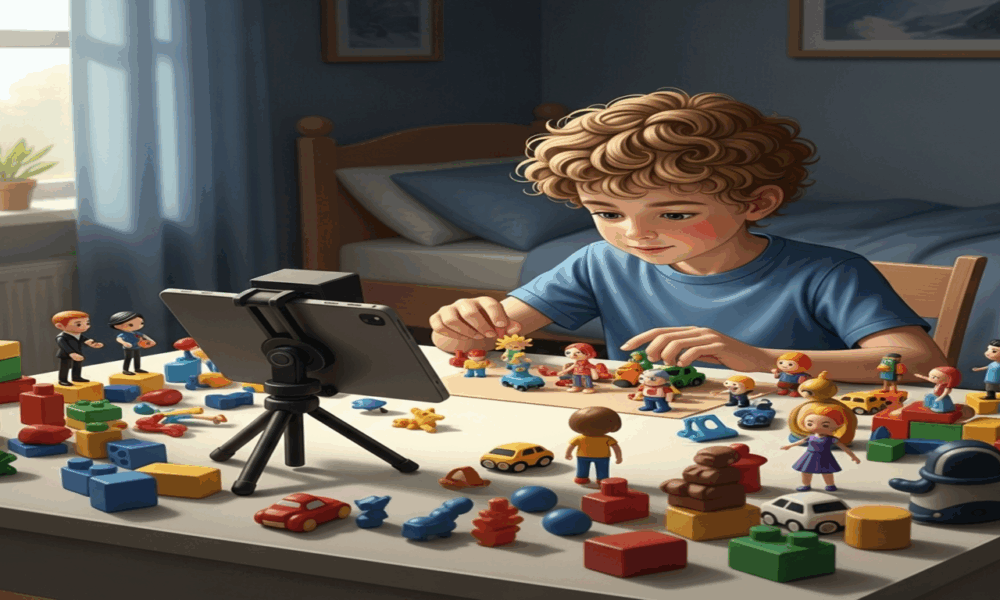 Enfant créant un film stop motion avec des figurines et une tablette