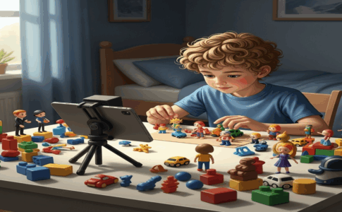 Enfant créant un film stop motion avec des figurines et une tablette