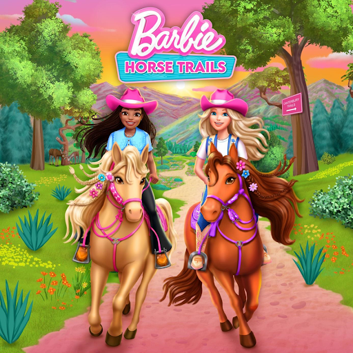 L’affiche du jeu vidéo « Barbie Horse Trails » montrant Barbie et son amie à cheval.