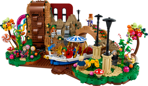 Le Coffret LEGO® Ideas Willy Wonka et la Chocolaterie avec des figurines et une usine chocolat colorée.