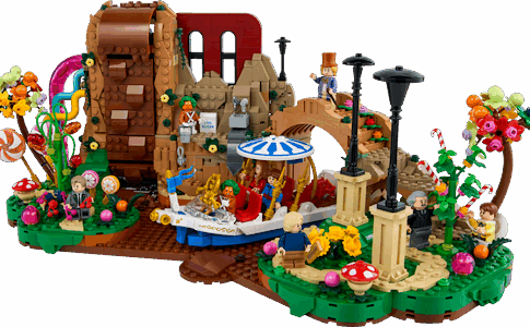 Le Coffret LEGO® Ideas Willy Wonka et la Chocolaterie avec des figurines et une usine chocolat colorée.