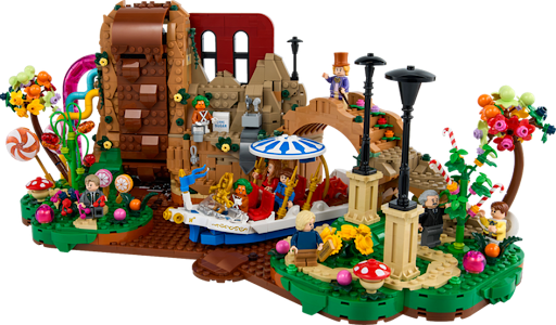 Le Coffret LEGO® Ideas Willy Wonka et la Chocolaterie avec des figurines et une usine chocolat colorée.
