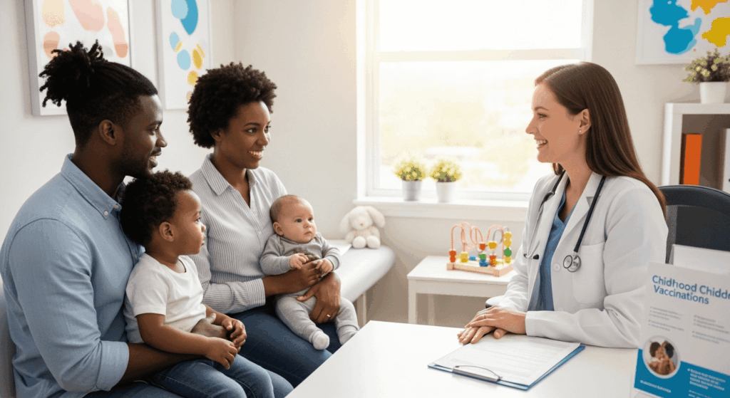 Parents échangeant avec un professionnel de santé à propos de la vaccination