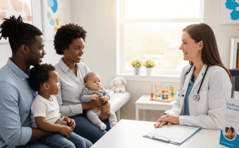Parents échangeant avec un professionnel de santé à propos de la vaccination