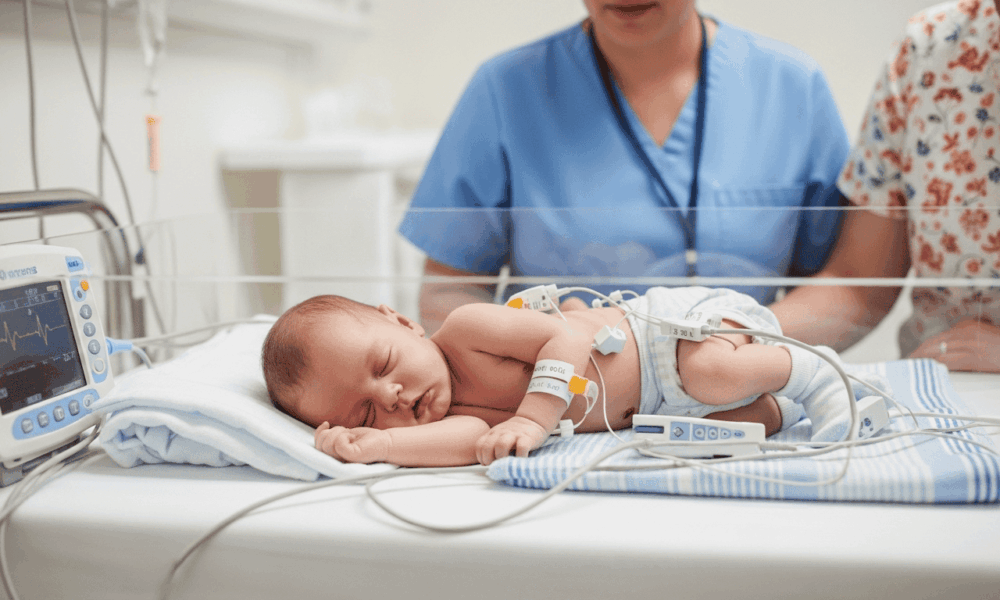 Un bébé prematuré endormi dans un berceau à l’hôpital