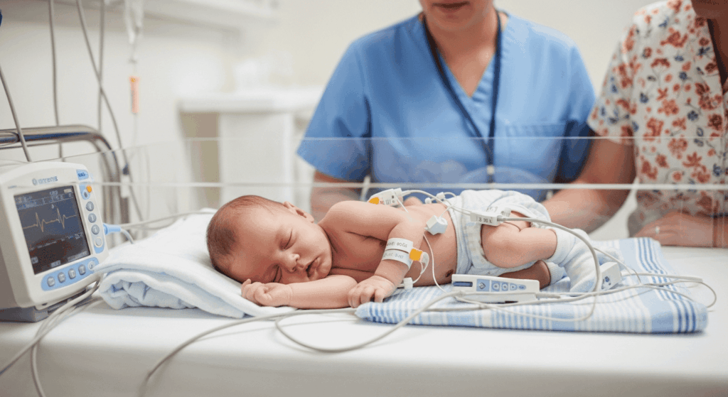 Un bébé prematuré endormi dans un berceau à l’hôpital
