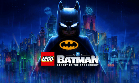 Un personnage Batman en LEGO avec la ville de Gotham en arrière-plan. .