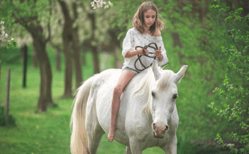 Une jeune fille montant à cheval dans une petite clairière.