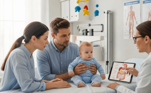 Bébé accompagné de ses parents lors d’une consultation pédiatrique sur le transit intestinal