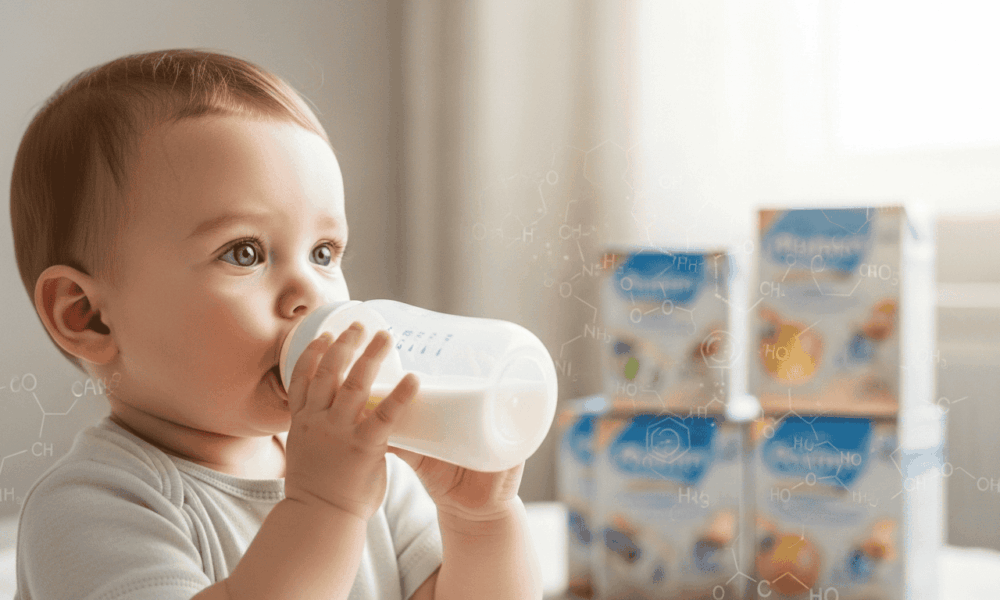 Bébé buvant un biberon de lait infantile