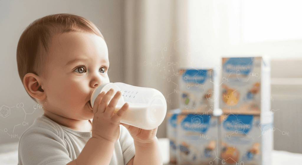 Bébé buvant un biberon de lait infantile