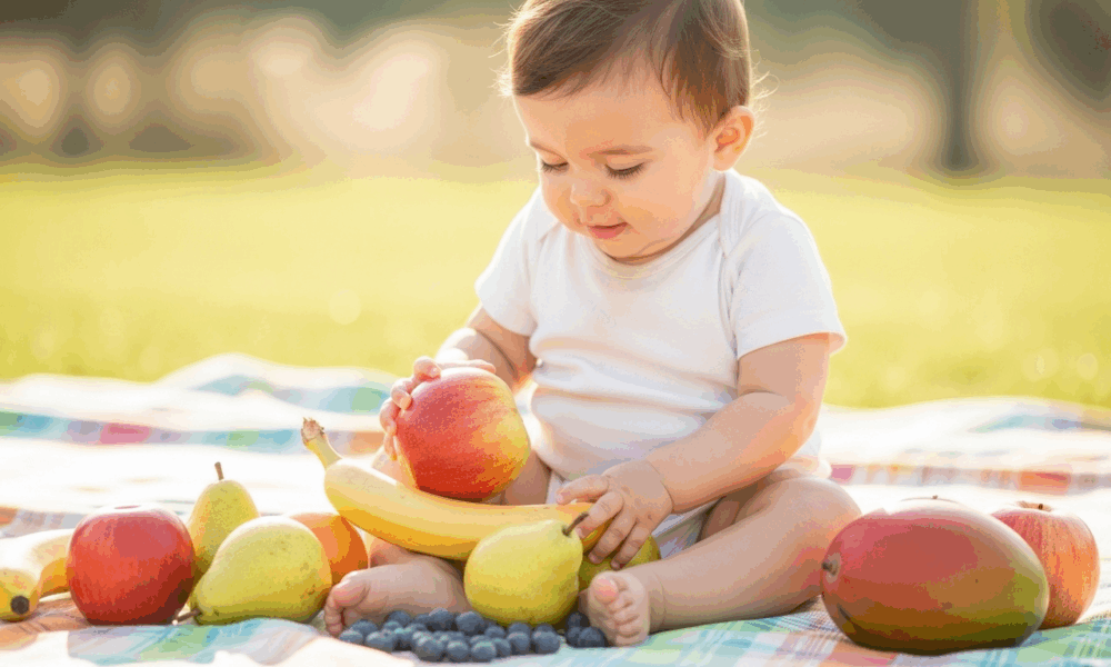Bébé découvrant un assortiment de fruits frais colorés