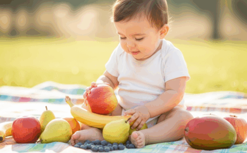 Bébé découvrant un assortiment de fruits frais colorés