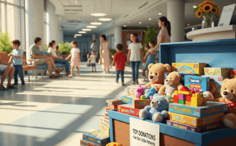 Coffre aux jouets rempli de peluches et jeux neufs dans le hall d’un hôpital