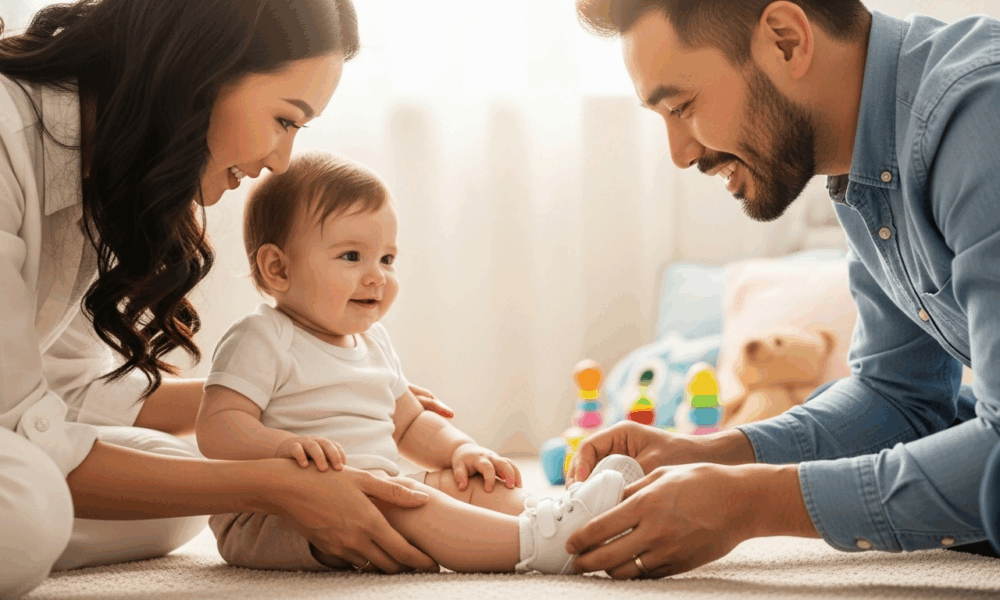 Des parents qui chaussent leur enfant
