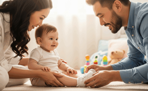 Des parents qui chaussent leur enfant