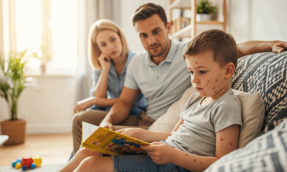 Enfant avec boutons de varicelle sur le visage
