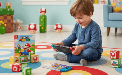 Enfant jouant à Hello Mario sur Nintendo Switch