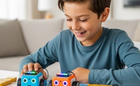 Un enfant programmant un robot éducatif