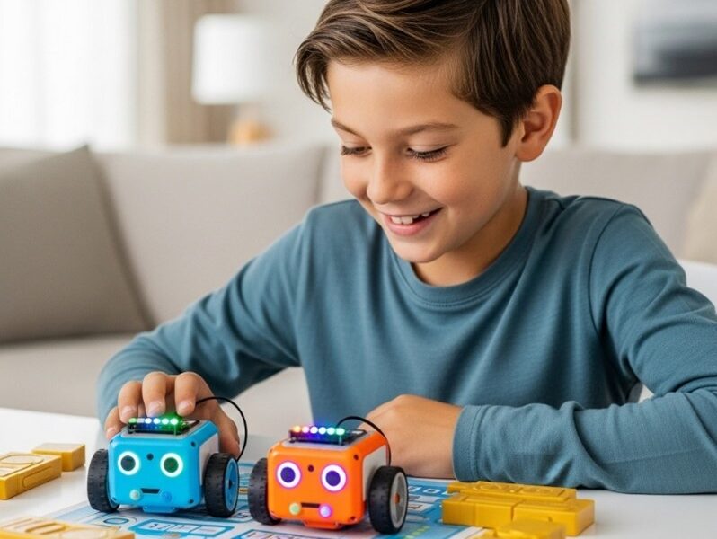 Un enfant programmant un robot éducatif