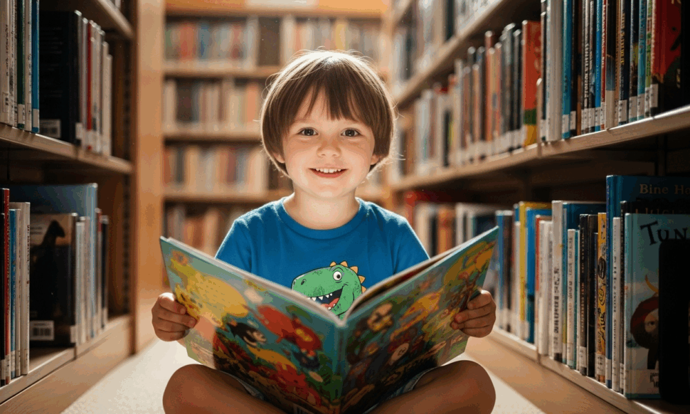 Enfant souriant tenant un livre coloré dans une bibliothèque