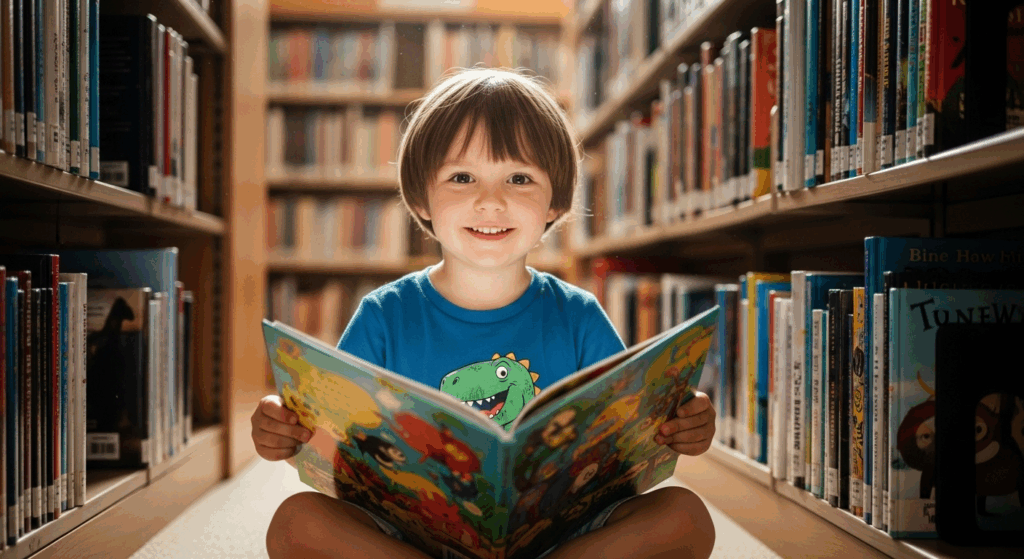 Enfant souriant tenant un livre coloré dans une bibliothèque