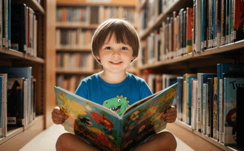 Enfant souriant tenant un livre coloré dans une bibliothèque